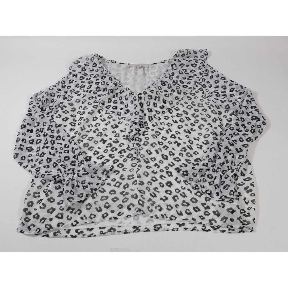 Loft Blouse Womens XL White Black Leopard Print Ruffle V-Neck Sheer Chiffon Top